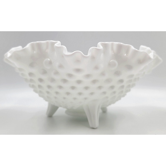 Fenton Milk Glass Hobnail Ruffled Footed Bowl 8" Oval Logo Vintage 1970s USA - Picture 8 of 10
